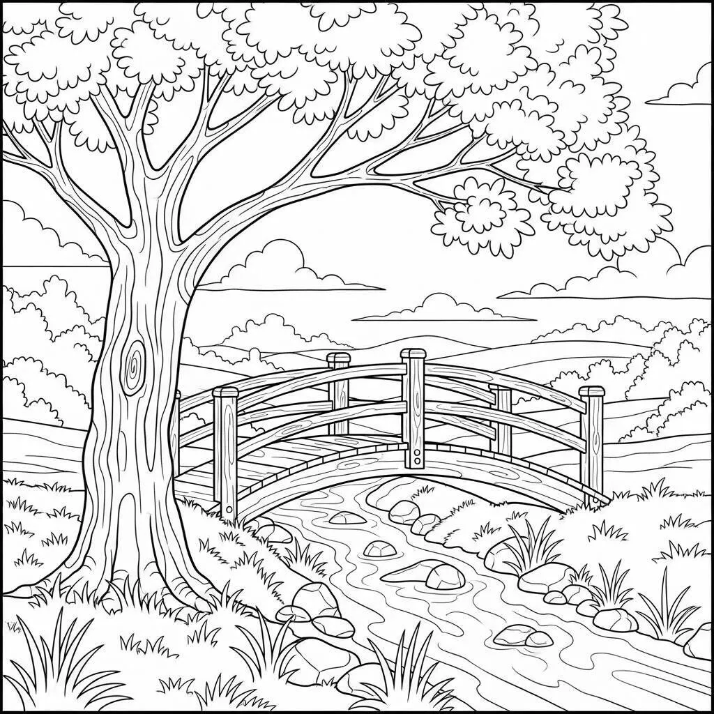Desenho de Árvore com Uma Ponte para Colorir