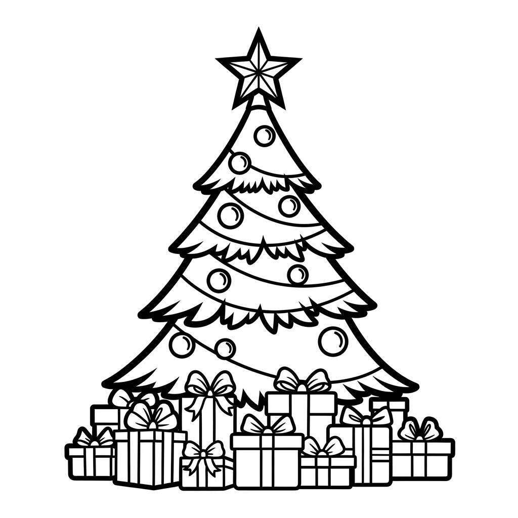 Coloriage Sapin de Noël avec cadeaux ci-dessous