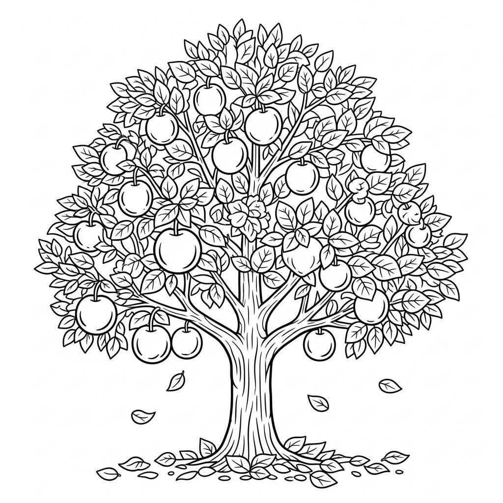 Desenho de Árvore de Outono com Frutos para Colorir