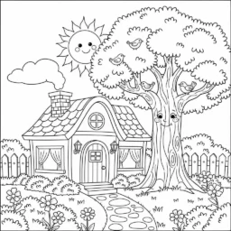 Desenho de Árvore e Casinha para Colorir