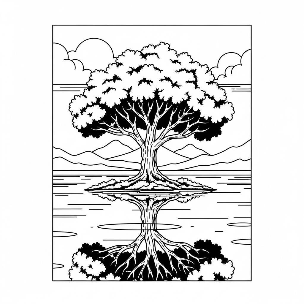 Tree and Lake Coloring Page