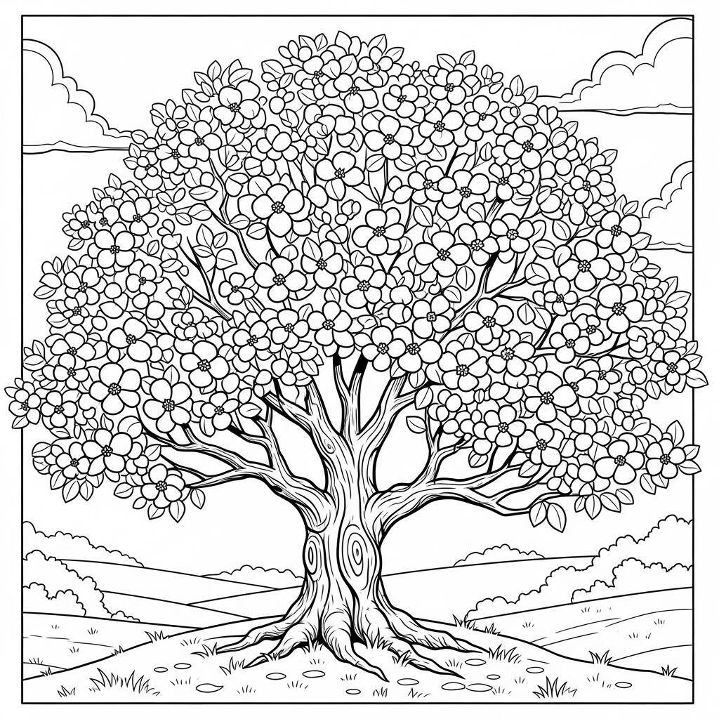 Desenho de Árvores Floridas para Colorir