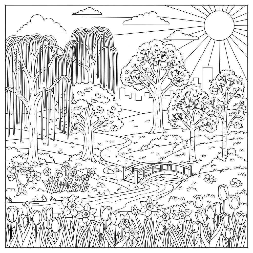 Desenho de Arvores e Flores para Colorir