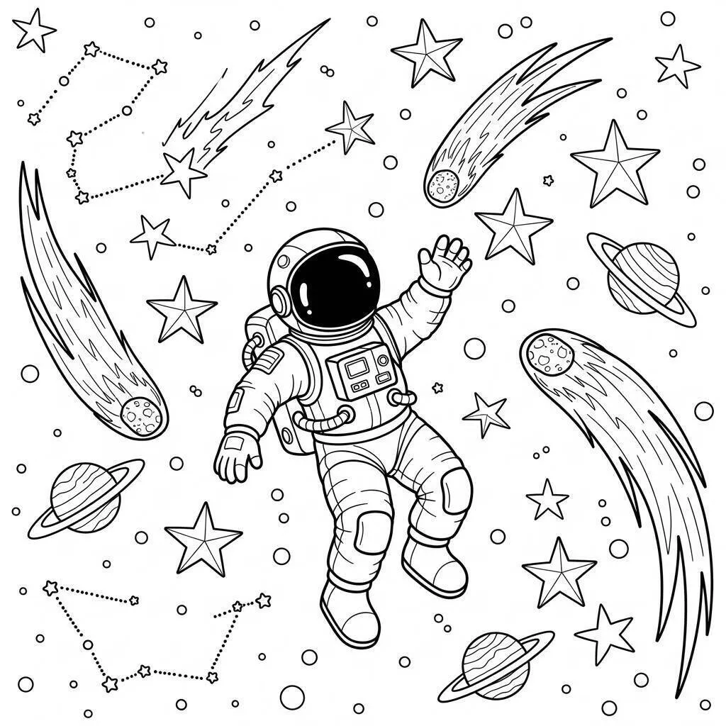 Desenho de Astronauta Brincando com Estrelas para Colorir