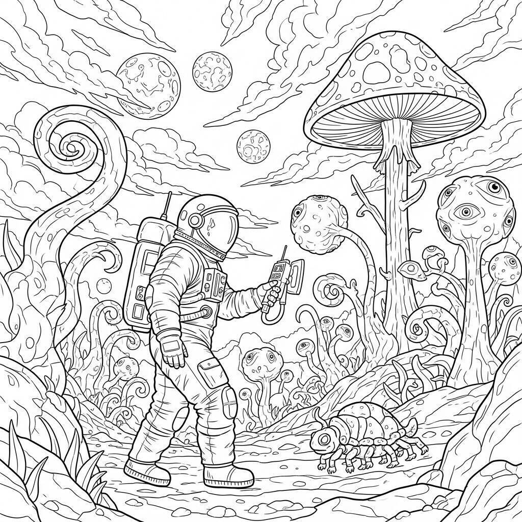 Desenho de Astronauta Explorando um Planeta Alienígena para Colorir