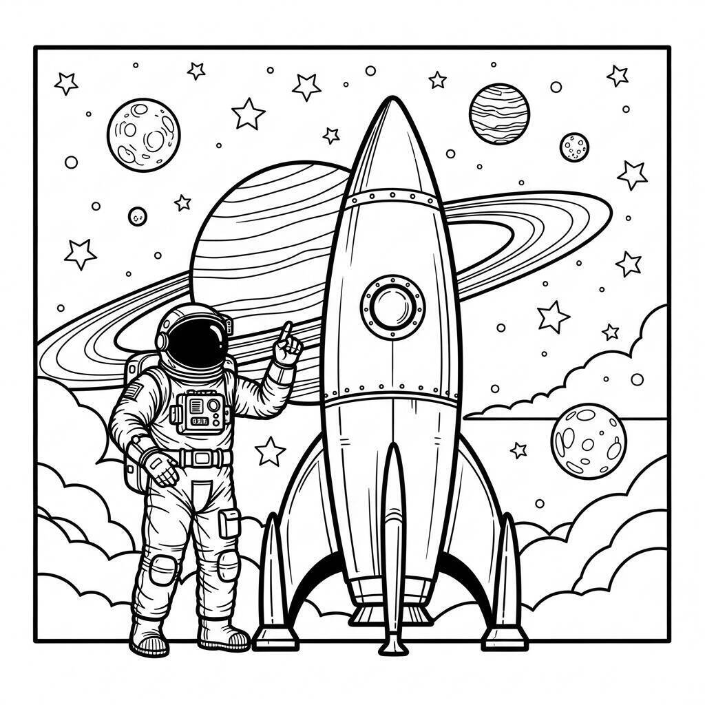 Desenho de Astronauta com Foguete para Colorir