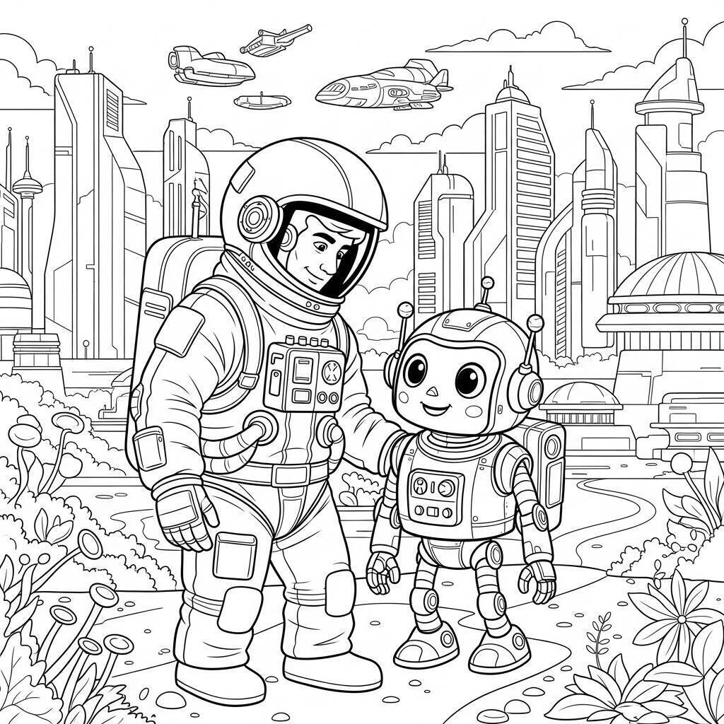 Desenho de Astronauta com um Robô Amigo para Colorir