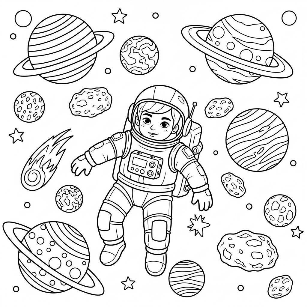 Desenho de Astronauta e Planetas Coloridos para Colorir