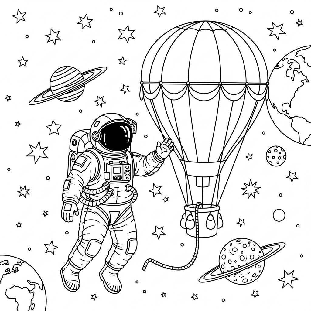 Desenho de Astronauta e Um Balão de Ar Quente no Espaço para Colorir