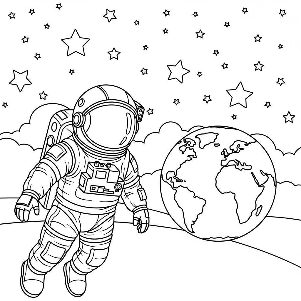 Desenho de Astronauta e a Terra Vista do Espaço para Colorir