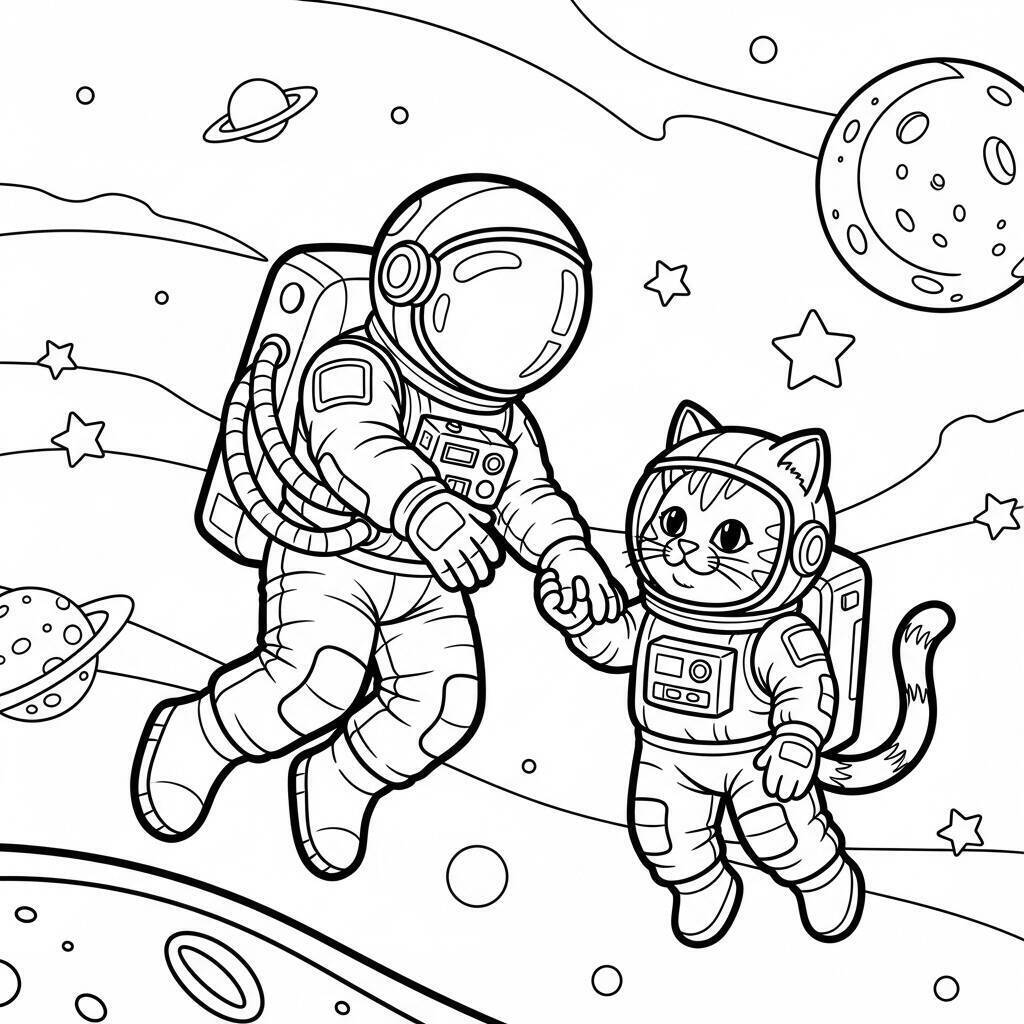 Desenho de Astronauta e seu Gato no Espaço para Colorir