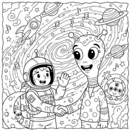 Desenho de Astronauta e um Alienígena Amigável para Colorir