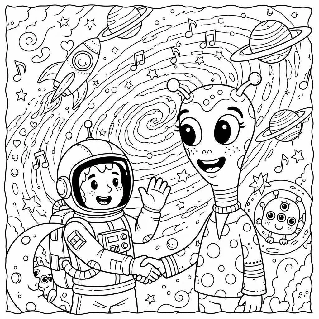 Desenho-de-Astronauta-e-um-Alienigena-Amigavel-para-Colorir Desenho de Astronauta e um Alienígena Amigável para Colorir