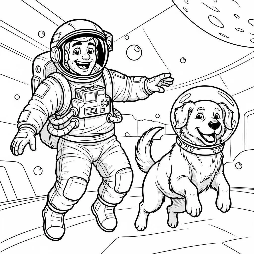 Desenho de Astronauta e um Cão Espacial para Colorir