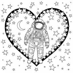 Desenho de Astronauta e um Coração de Estrelas para Colorir
