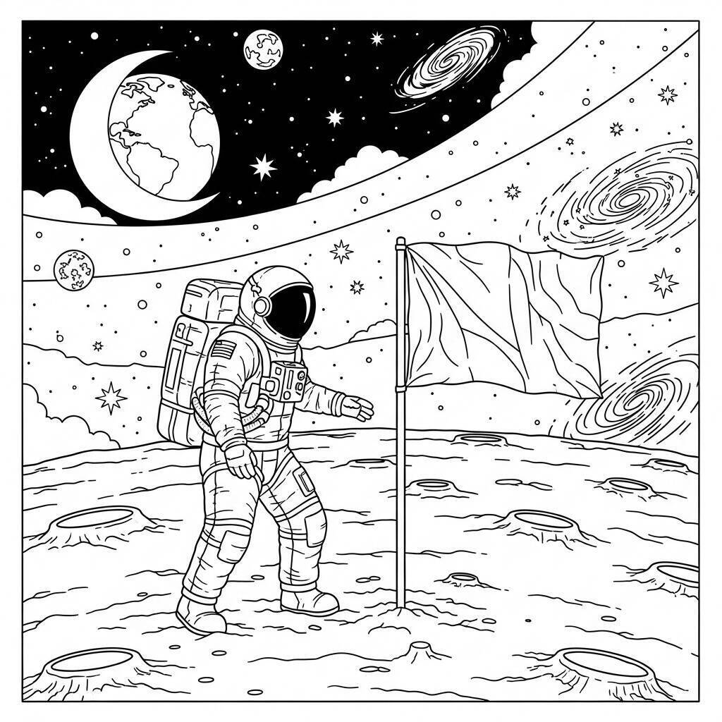 Desenho de Astronauta e uma Bandeira na Lua para Colorir