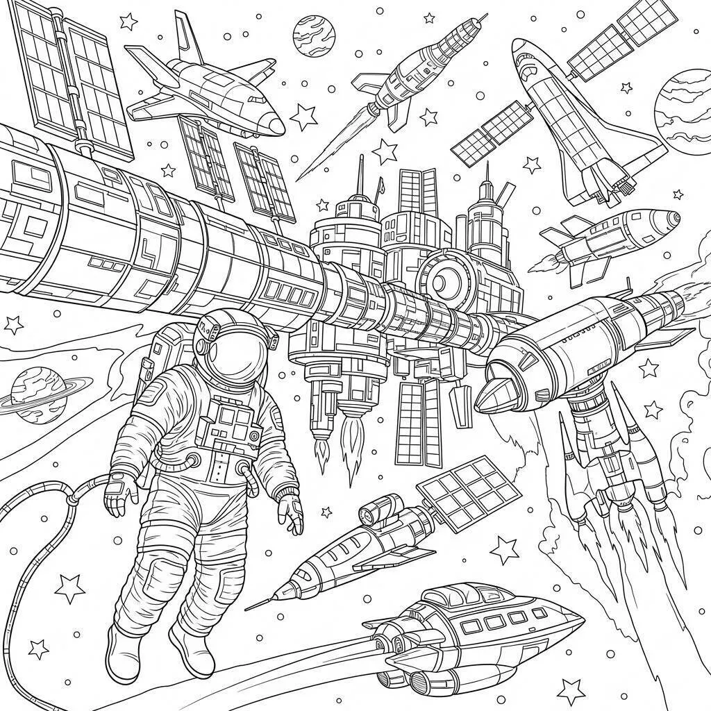 Desenho-de-Astronauta-e-uma-Estacao-Espacial-para-Colorir Desenho de Astronauta e uma Estação Espacial para Colorir