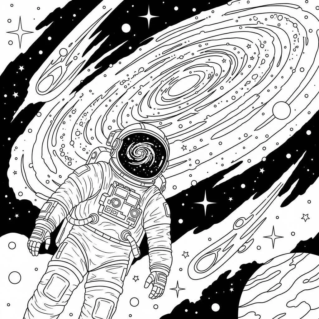 Desenho de Astronauta e uma Galáxia Espiral para Colorir