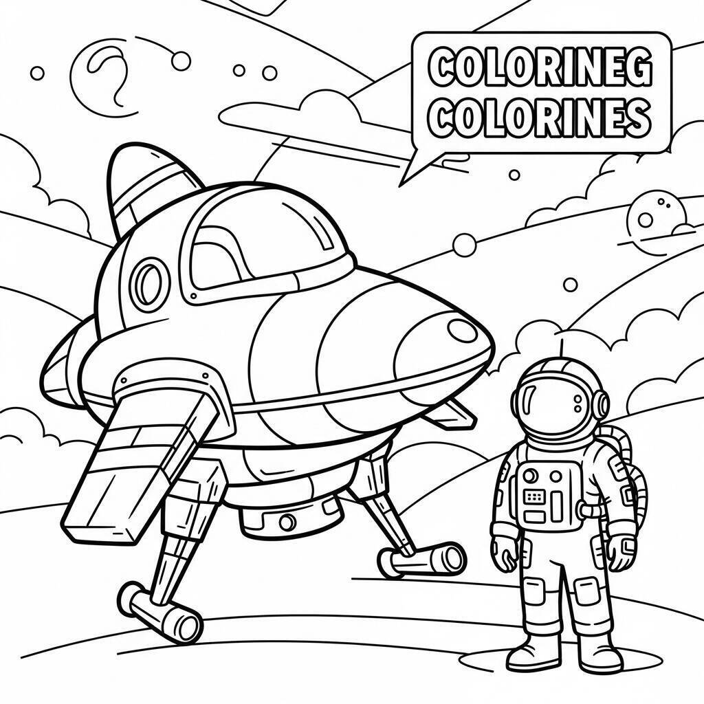 Desenho de Astronauta e uma Nave Espacial Colorida para Colorir