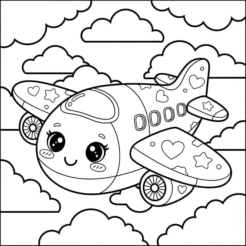 Desenho de Avião Kawaii para Colorir