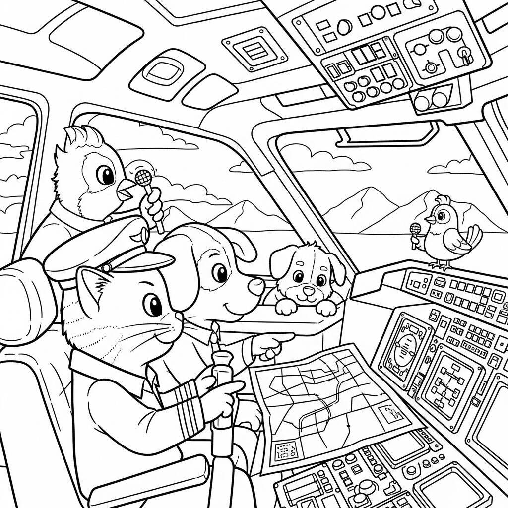 Desenho de Avião com Animais para Colorir