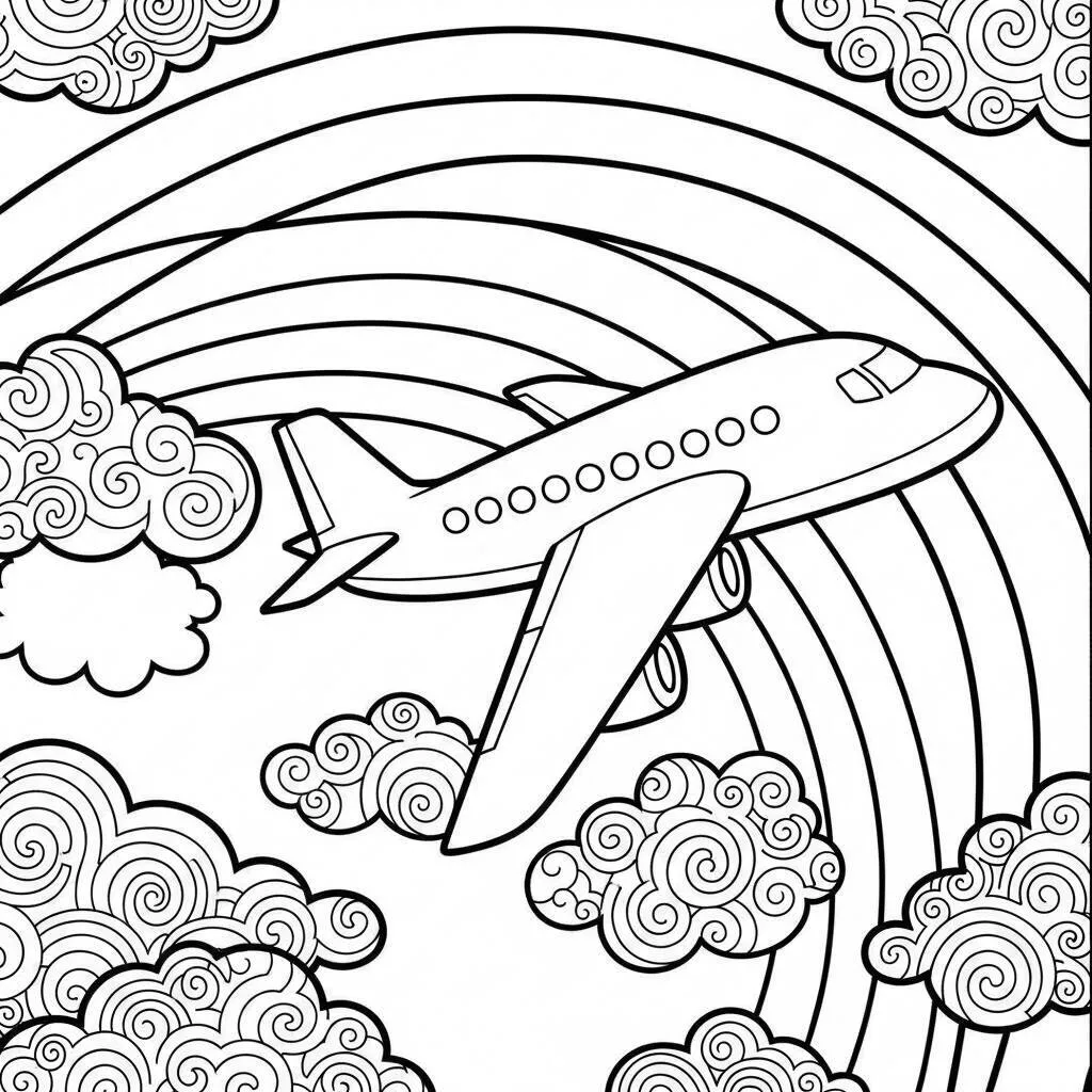 Desenho de Avião e Arco-Íris para Colorir