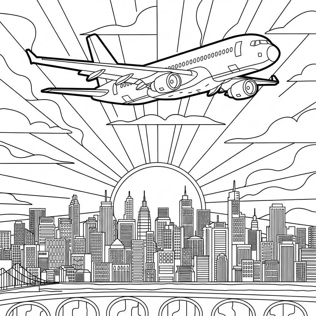 Desenho de Avião e Cidade para Colorir