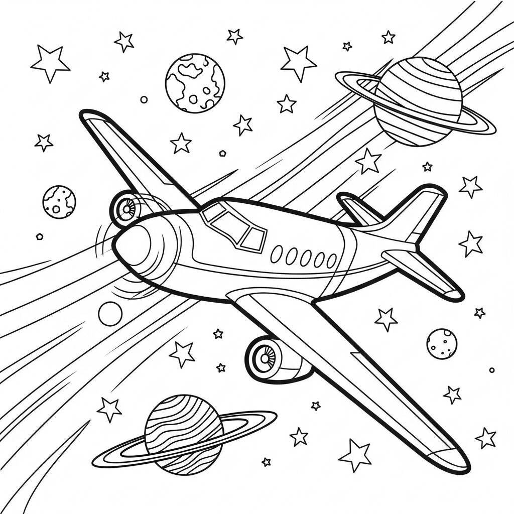 Desenho de Avião e Espaço para Colorir