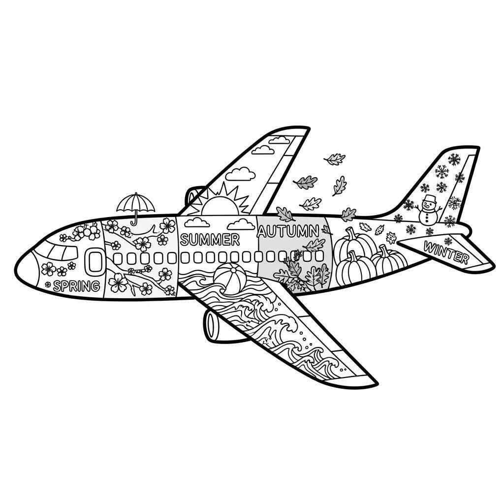 Desenho-de-Aviao-e-Estacoes-do-Ano-para-Colorir Desenho de Avião e Estações do Ano para Colorir