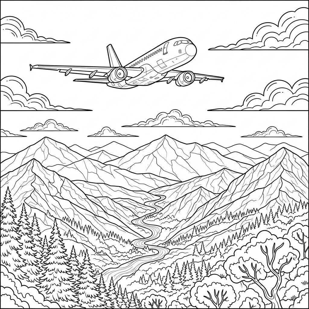Desenho de Avião e Montanhas para Colorir