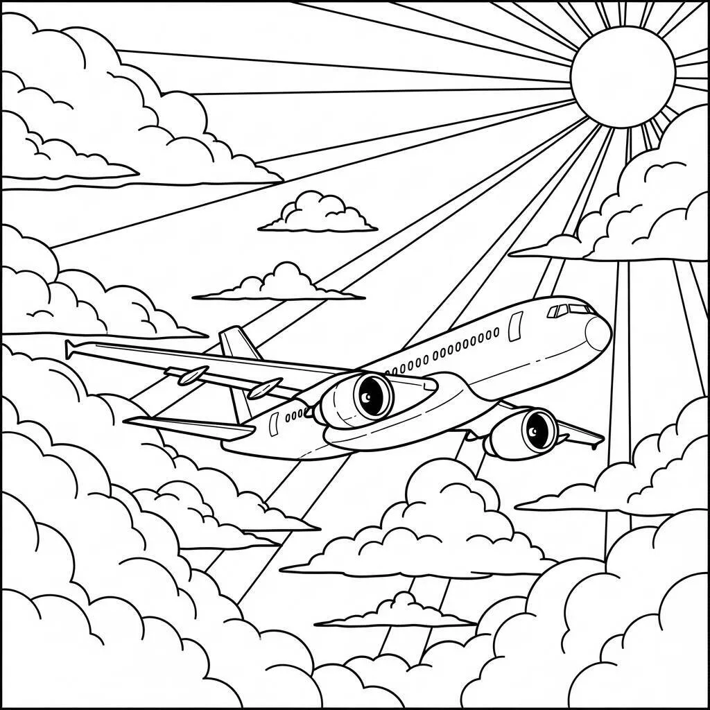Desenho de Avião e Nuvens para Colorir