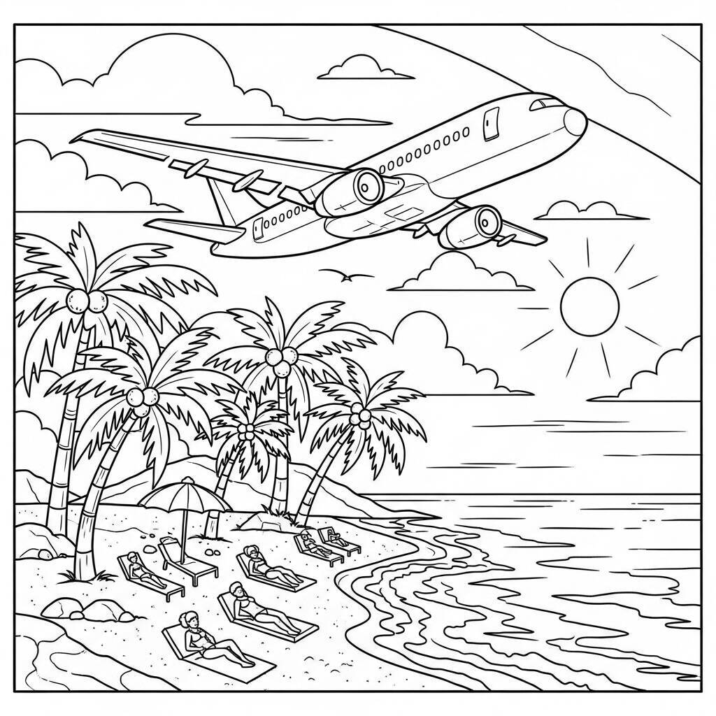 Desenho de Avião e Praia para Colorir