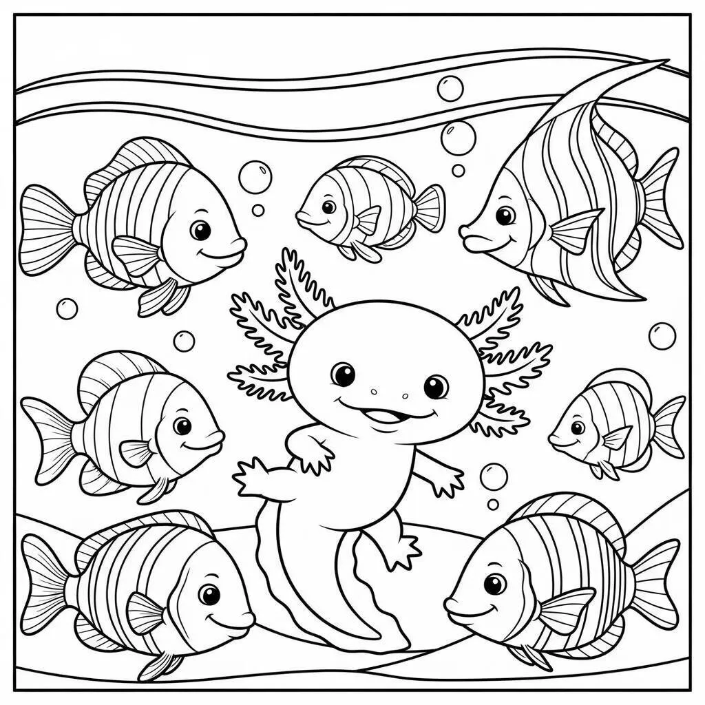 Desenho de Axolote com Amigos para Colorir