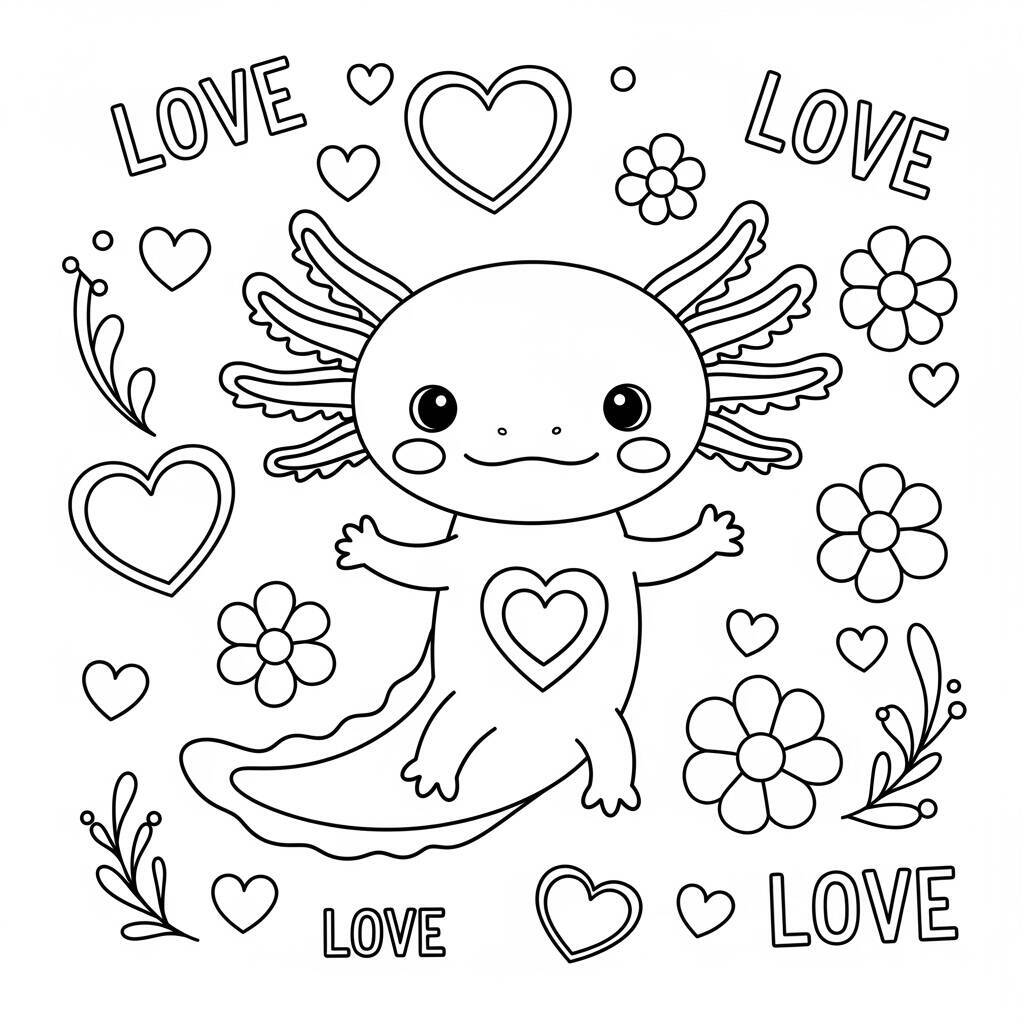 Desenho de Axolote com Coração para Colorir