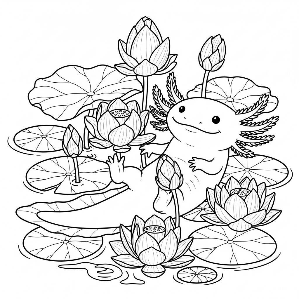 Desenho de Axolote com Flores de Lótus para Colorir
