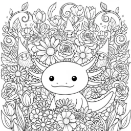 Desenho de Axolote com Flores para Colorir