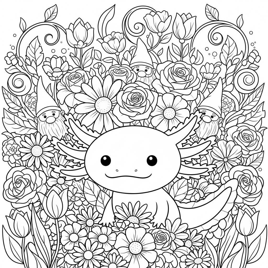 Desenho de Axolote com Flores para Colorir