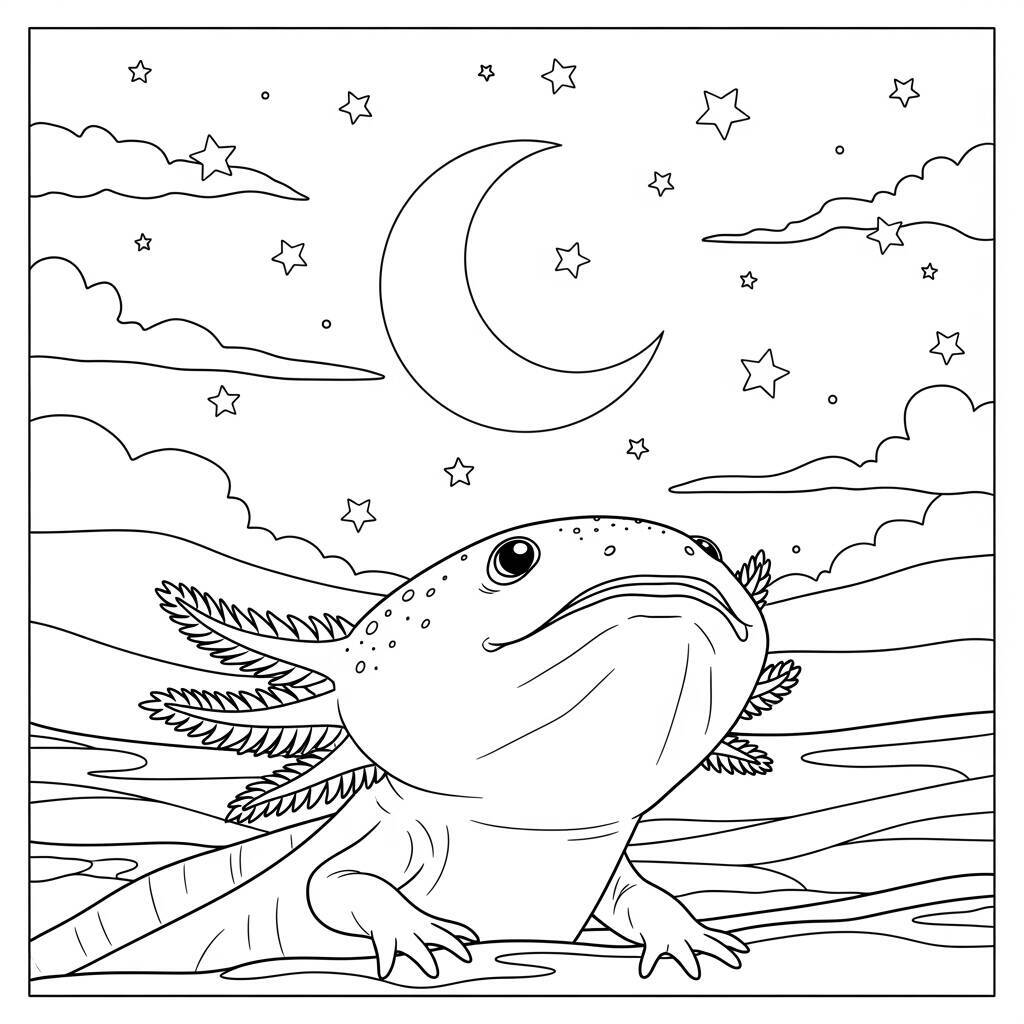Desenho de Axolote com Luar para Colorir