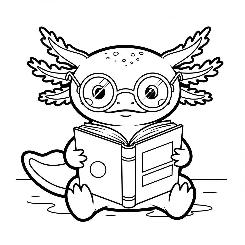 Desenho de Axolote com Um Livro para Colorir