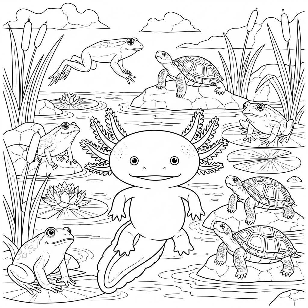 Desenho de Axolote e Animais do Lago para Colorir