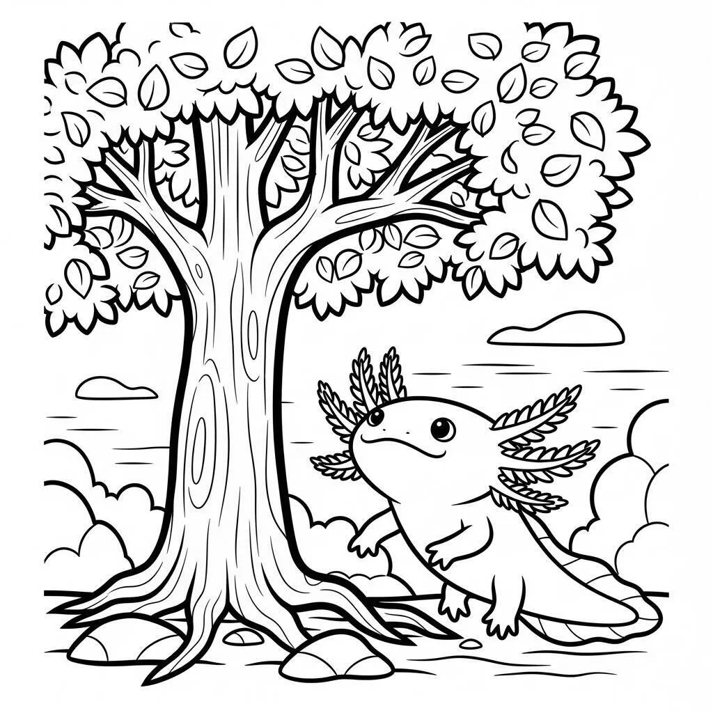 Desenho de Axolote e Arvores para Colorir