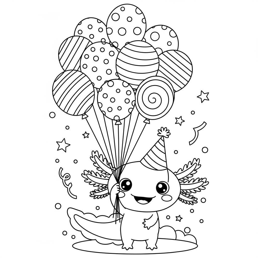 Desenho de Axolote e Balões para Colorir