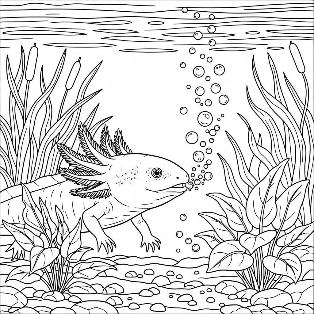 Desenho de Axolote e Bolhas para Colorir