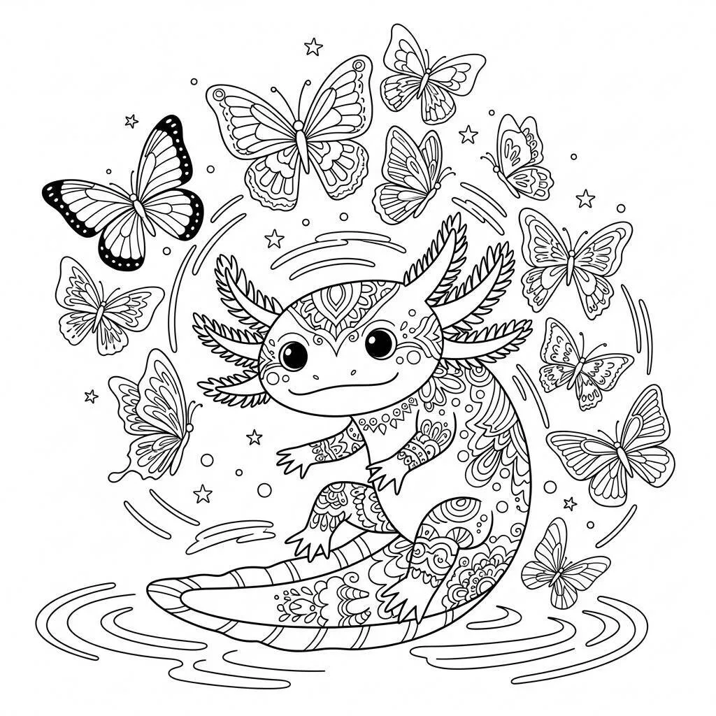 Desenho de Axolote e Borboletas para Colorir