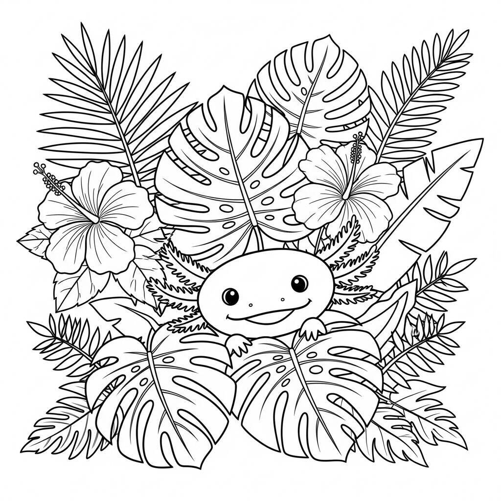 Desenho de Axolote e Folhagens para Colorir