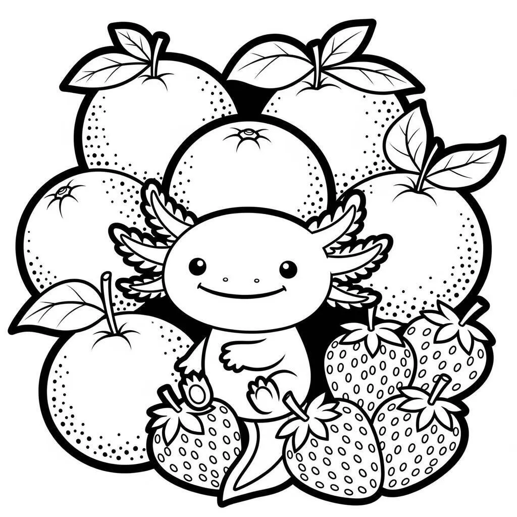 Desenho de Axolote e Frutas para Colorir