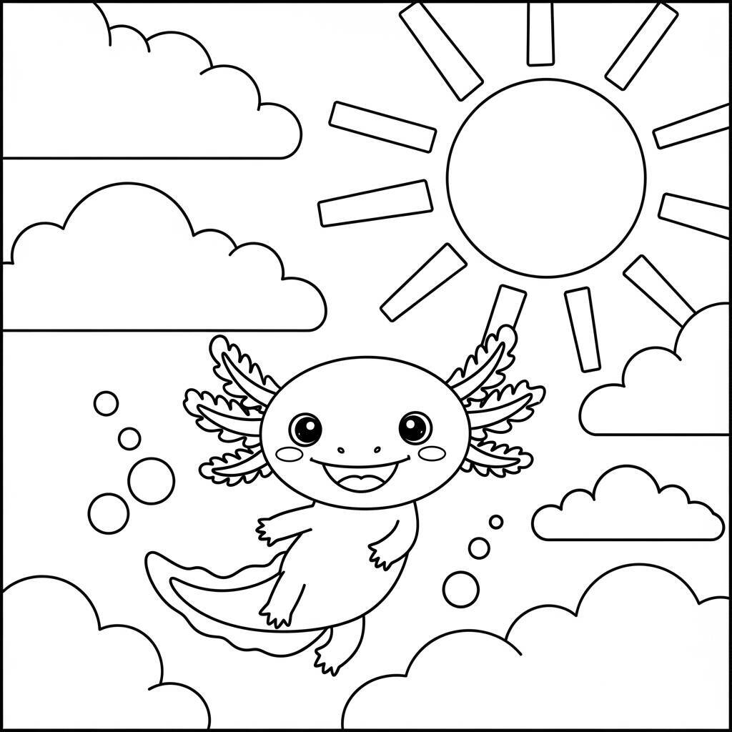 Desenho de Axolote e Nuvens para Colorir