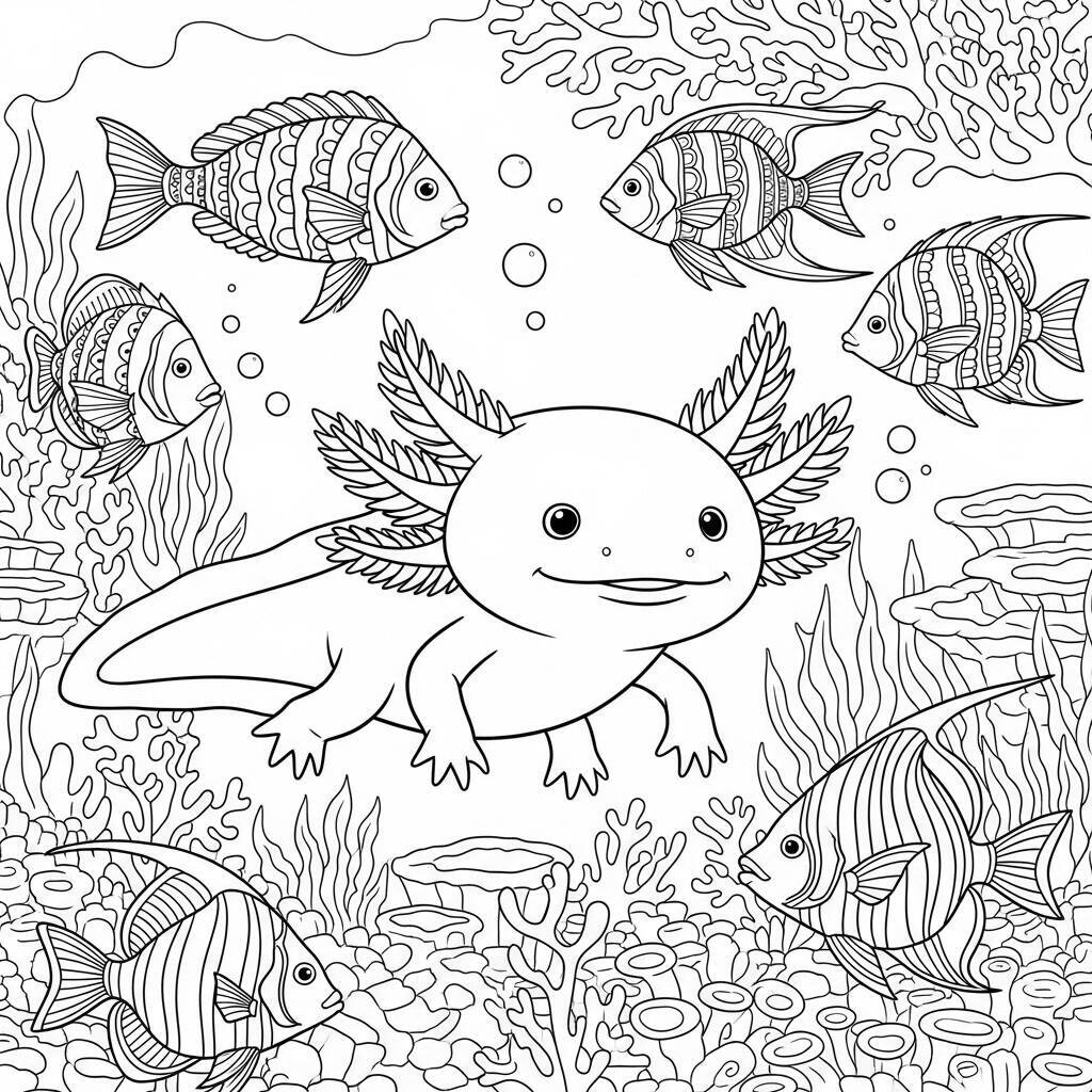 Desenho de Axolote e Peixes Coloridos para Colorir