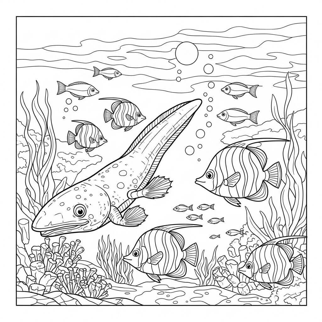 Desenho de Axolote e Peixes para Colorir