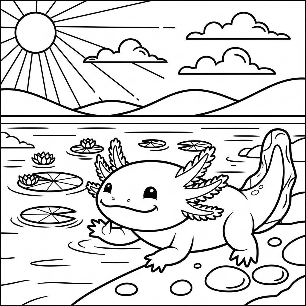 Desenho de Axolote e Um Dia de Sol para Colorir